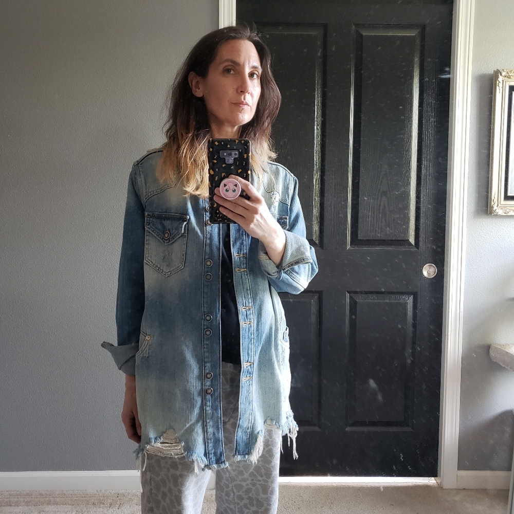 STUNNING Free People distressed long denim jacket